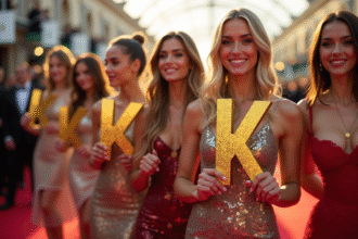 Groupe de célébrités glamour tenant un K en or sur tapis rouge