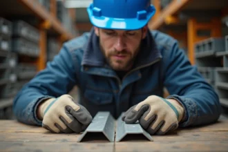 Ouvrier comparant une cornière en acier et une cornière en aluminium sur un établi dans un atelier industriel