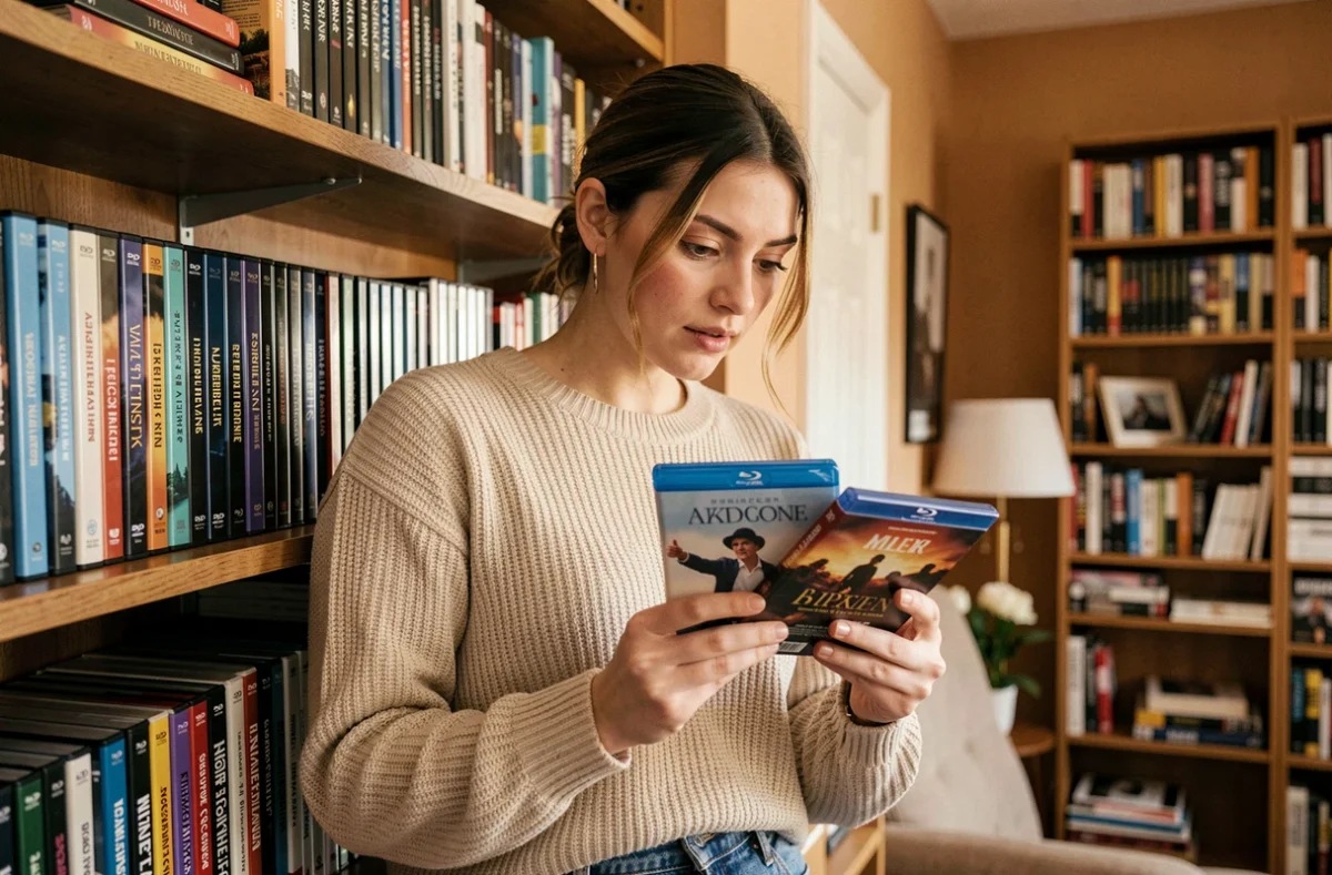 Jeune femme comparant deux films en boîtier Blu-ray dans une bibliothèque de films à domicile, analyse des différences de style cinématographique