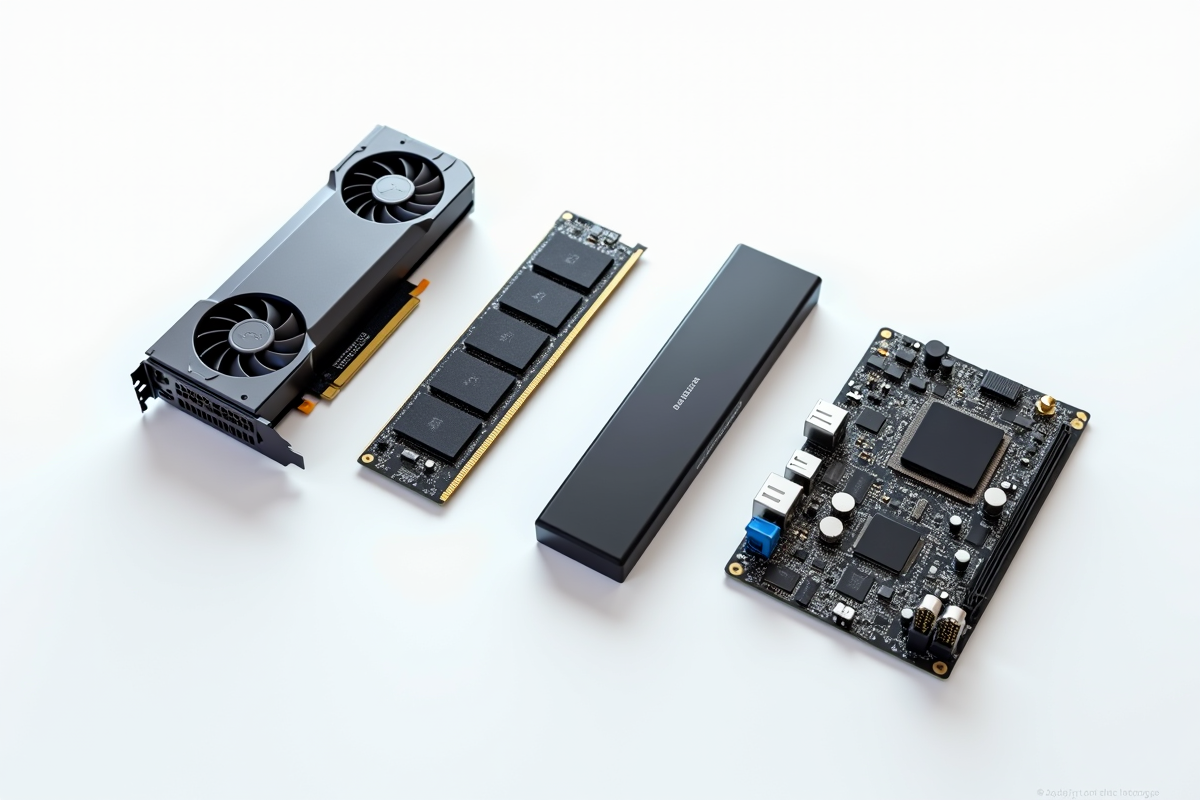 Quatre composants informatiques dont carte graphique et RAM