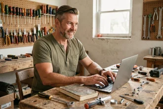 Homme bricoleur contactant le lab du bricoleur depuis son atelier via un ordinateur portable