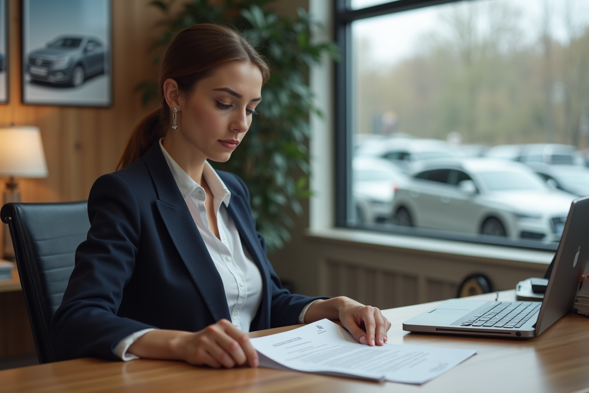Femme examinant un contrat de vente de voiture dans son bureau