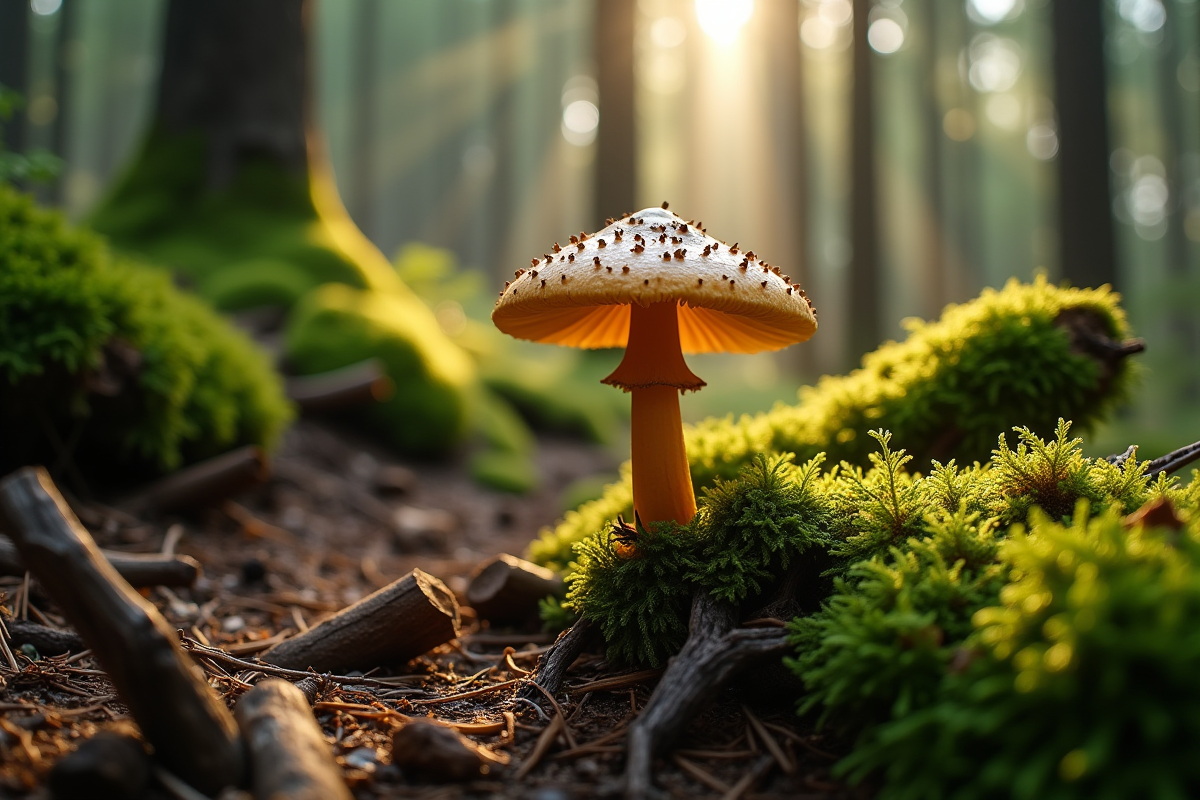 Champignon fausse chanterelle parmi bois en décomposition
