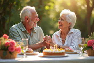 Couple d'anciens souriants lors d'un déjeuner extérieur d'anniversaire