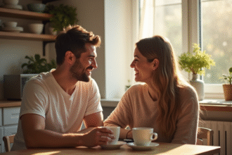 Couple marié dans la cuisine partageant un café le matin