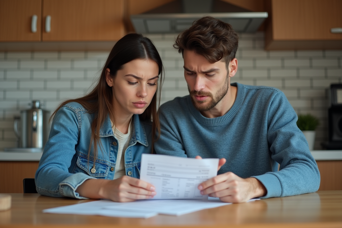 Jeune couple à la maison examinant une facture ensemble