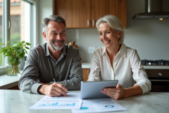 Couple d'adultes étudie des documents de prêt immobilier à la maison