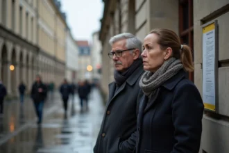 Couple lisant un panneau officiel devant un bâtiment à Caen