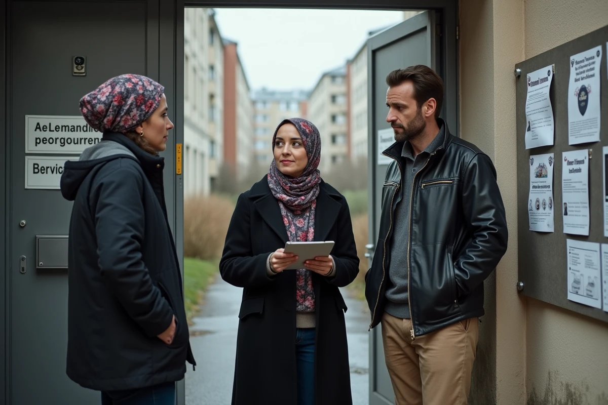 Couple échangeant avec un médiateur de quartier devant un centre communautaire en cité sensible