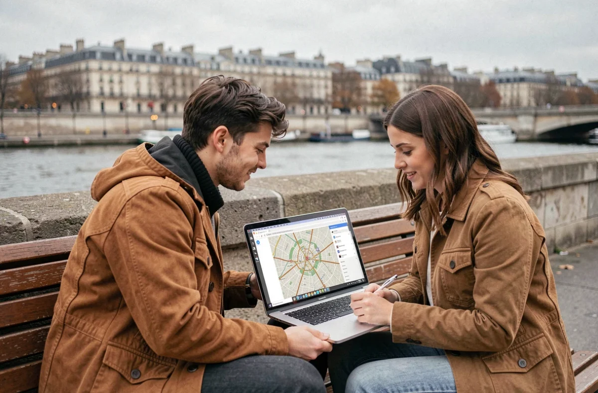Couple consultant un plan de Paris en ligne sur ordinateur portable assis sur les quais de la Seine