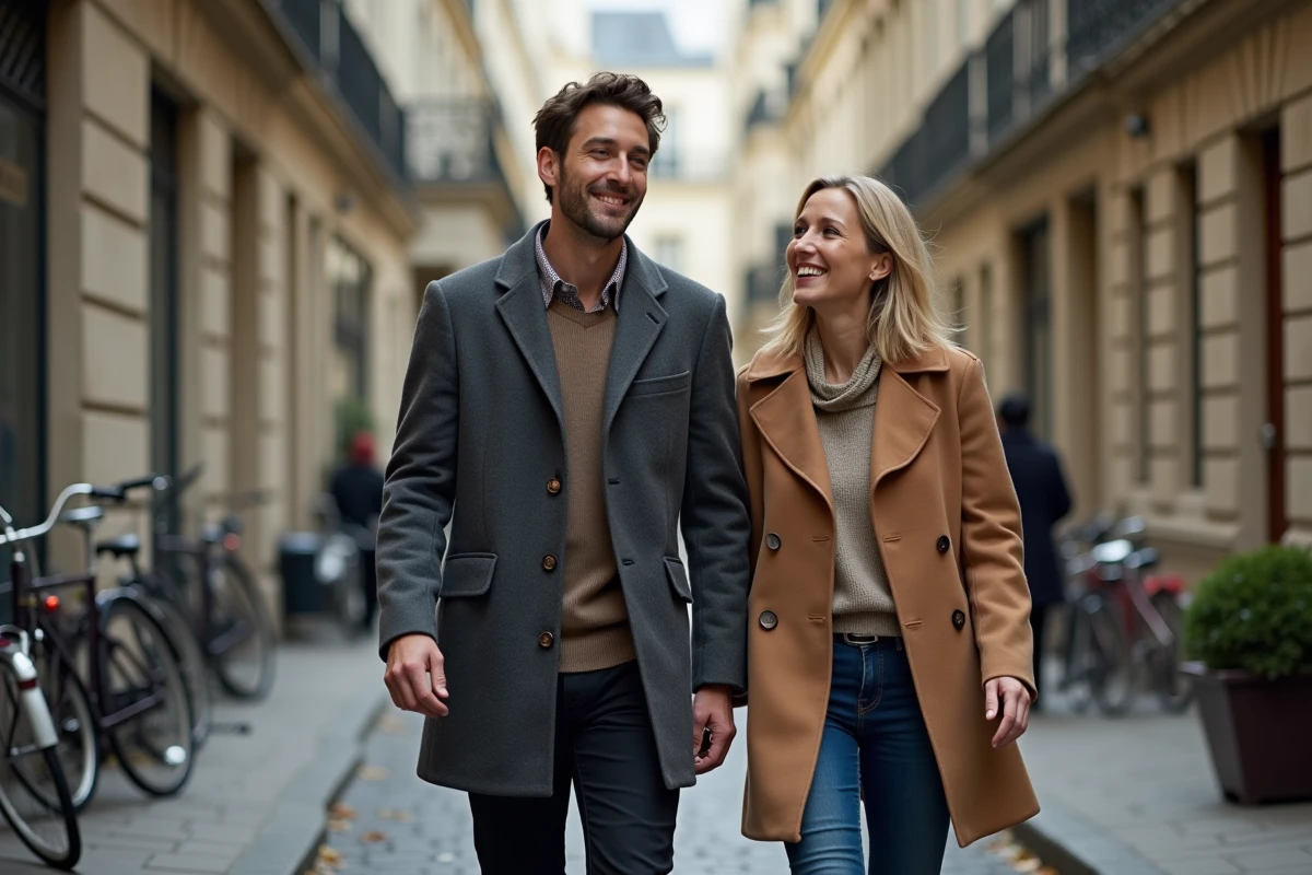 Couple discret et complice se promenant dans une rue pavée parisienne en automne, tenues élégantes et regard amoureux