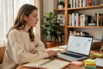 Créatrice de contenu inquiète face à la disparition d'une plateforme numérique, assise devant son ordinateur portable dans un studio maison chaleureux