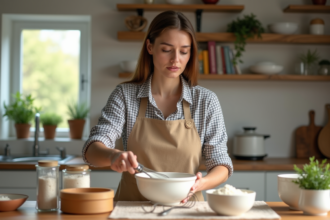 Femme en cuisine avec tablier et ingrédients sans gluten
