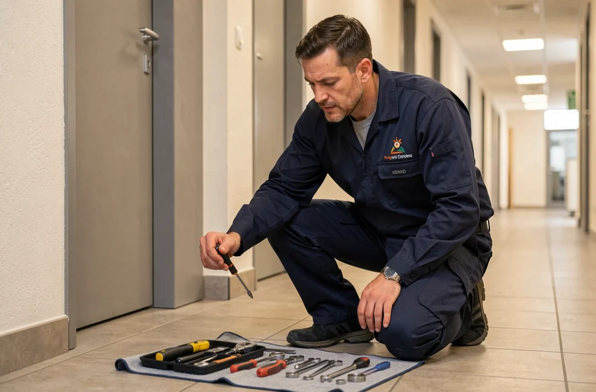 Technicien de Depanneo Serrurerie Loiret au travail sur une serrure de porte d'appartement à Orléans