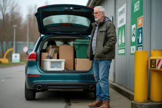 Homme déposant des déchets triés dans sa voiture à l'entrée d'une déchèterie municipale