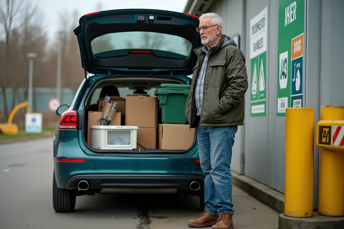 Homme déposant des déchets triés dans sa voiture à l'entrée d'une déchèterie municipale