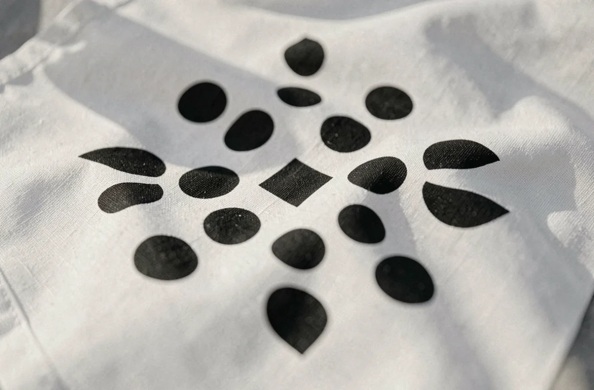 Gros plan sur les hermines brodées sur le drapeau breton Gwenn ha Du, détail du motif héraldique en noir et blanc