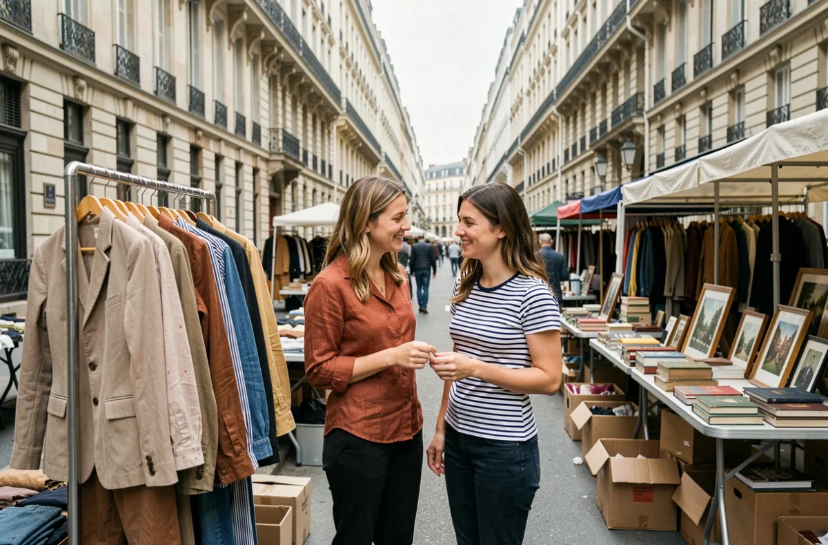 Deux femmes choisissant des vêtements vintage sur un portant lors d'une braderie de quartier dans une rue parisienne animée
