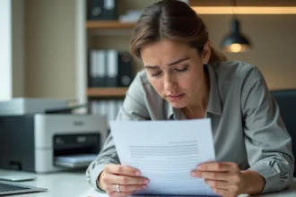 Femme en bureau examinant un document A4 imprimé flou avec texte pixelisé