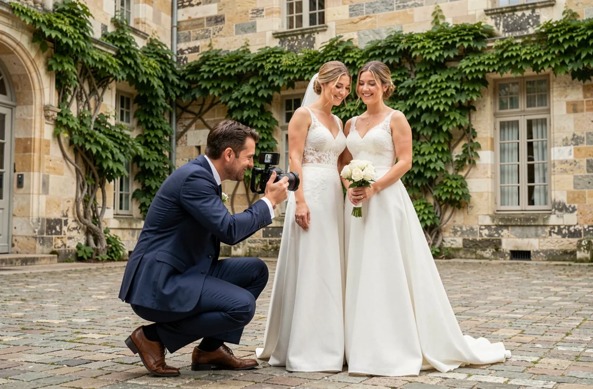 Vidéaste mariage filmant un couple de mariés dans une cour de château en Loire-Atlantique pour Dumont Film