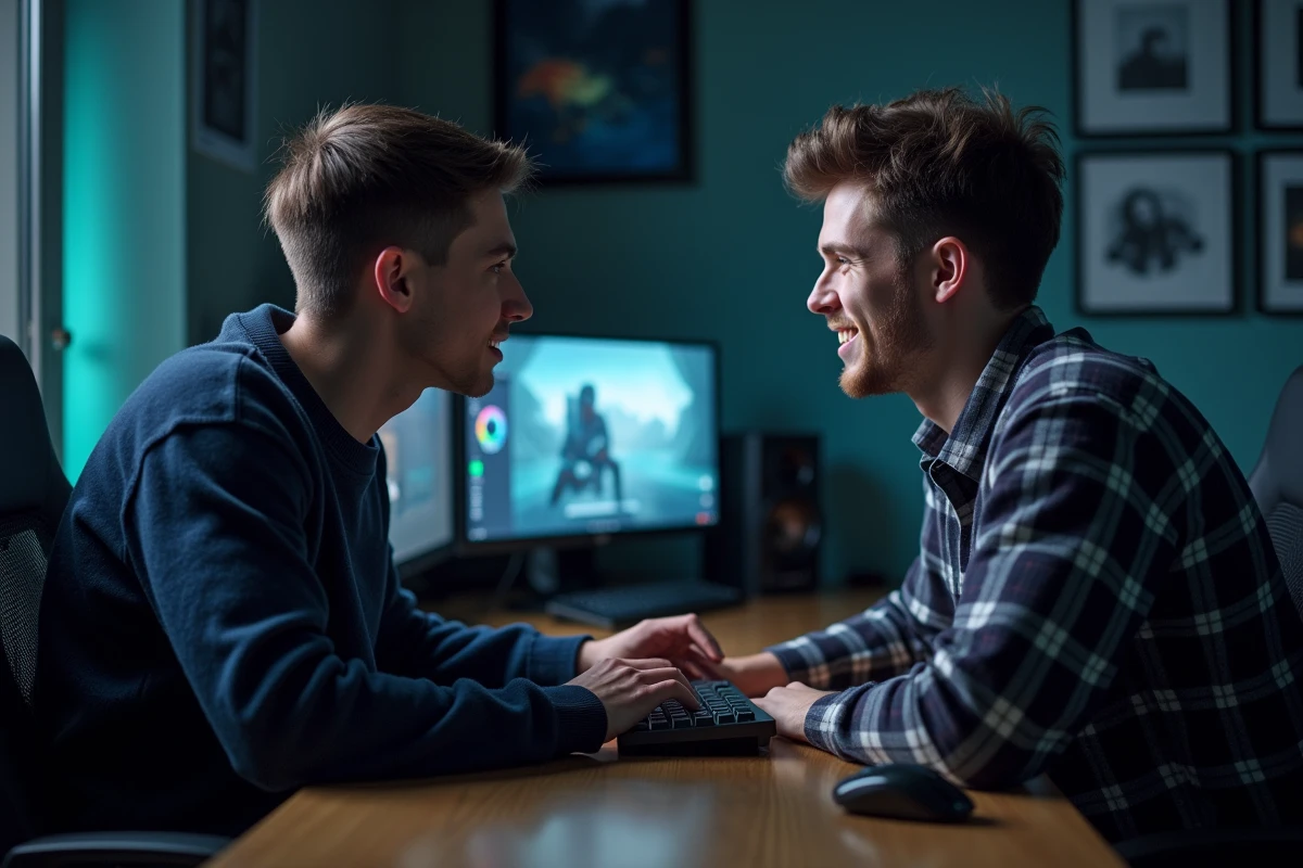 Deux joueurs en coopération devant un PC gaming, évoquant l'expérience multijoueur et la durée de vie de Split Fiction