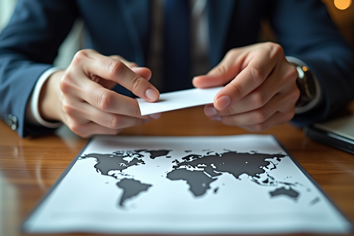 Mains échangeant des cartes de visite sur un bureau en bois