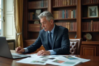 Éditorialiste économique senior assis à son bureau dans une rédaction parisienne classique, entouré de journaux et de rapports économiques