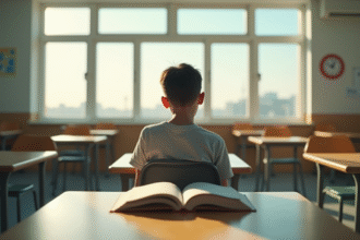 Etudiant inquiet seul dans une salle de classe lumineuse