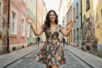 Jeune femme dansant dans une rue colorée, illustrant l'énergie et la liberté évoquées dans la chanson Elle me dit de Mika