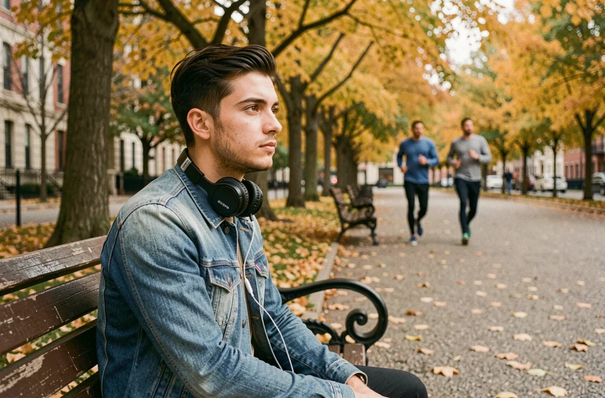 Jeune homme pensif sur un banc de parc en automne avec des écouteurs, évoquant l'introspection des paroles de Elle me dit de Mika