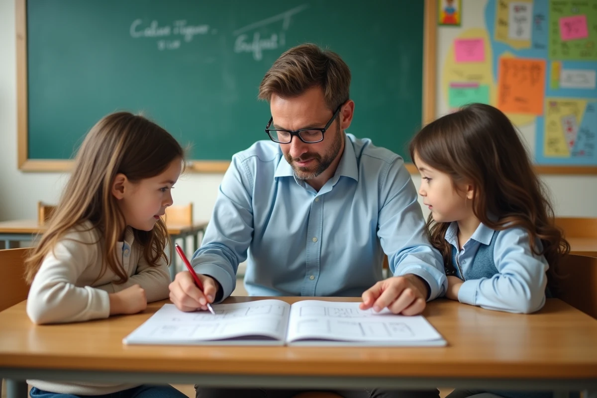 Professeur et enfants discutant d