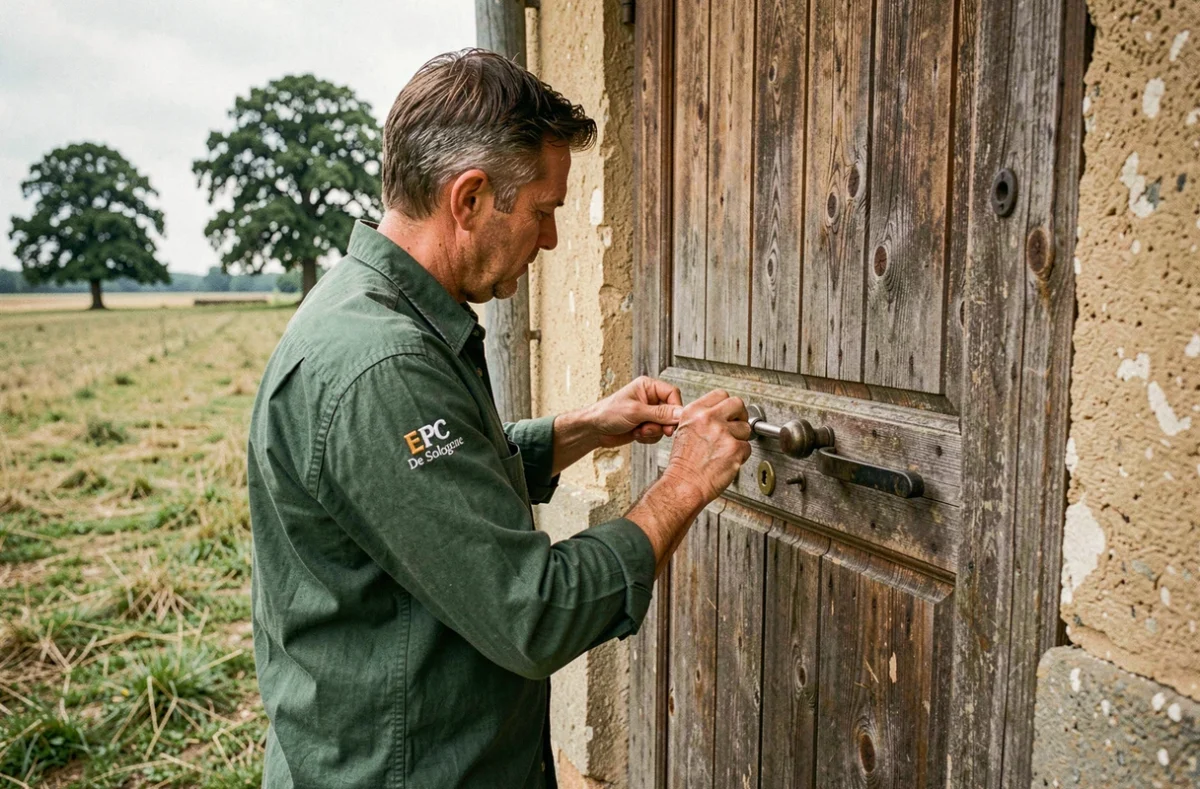 Serrurier d'EPC De Sologne changeant une serrure sur la porte d'une ferme dans la campagne de Sologne