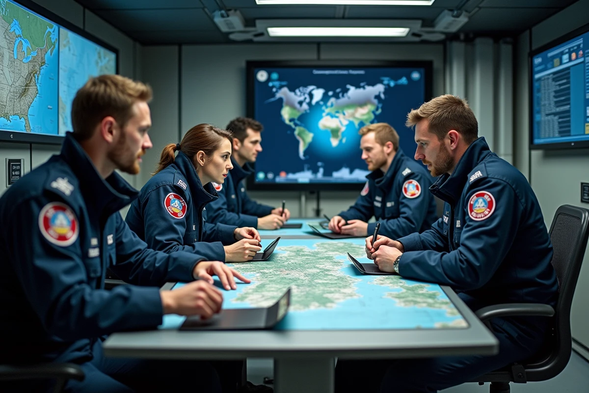 Groupe de secouristes français en action dans un centre opérationnel