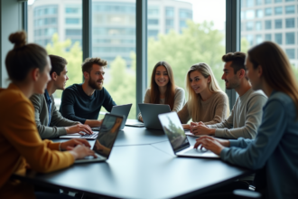 Groupe d'étudiants en discussion dans une salle hightech
