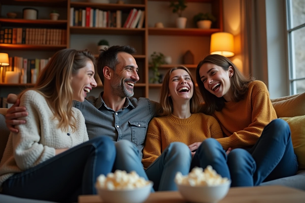 Famille française réunie dans le salon regardant un spectacle comique à la télévision, rires partagés entre parents et adolescents