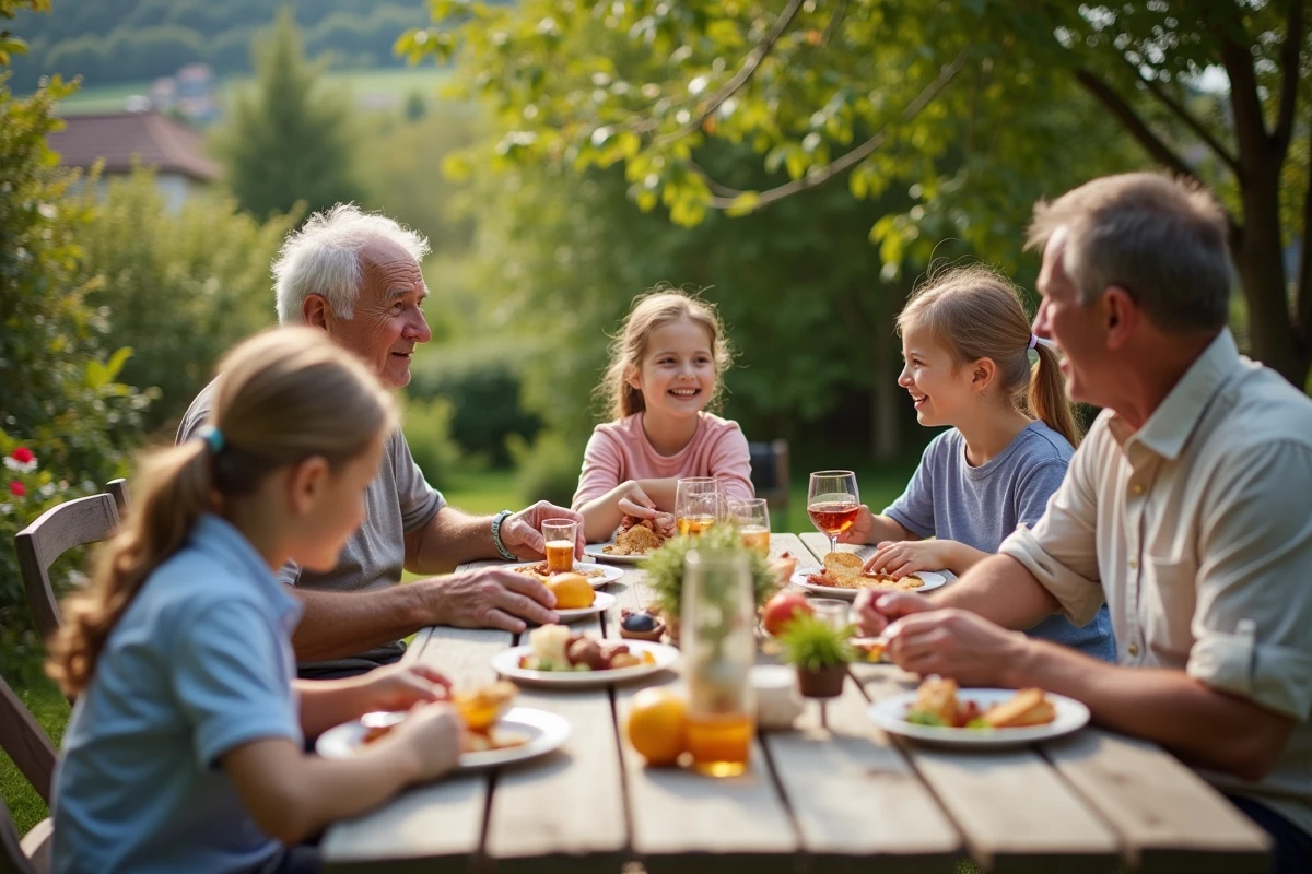 Famille multigenerations partageant un repas dans un jardin en France