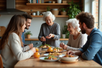 Famille multigenerations autour d'une table en cuisine lumineuse