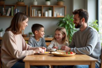Famille moderne partageant un petit déjeuner sain à la maison