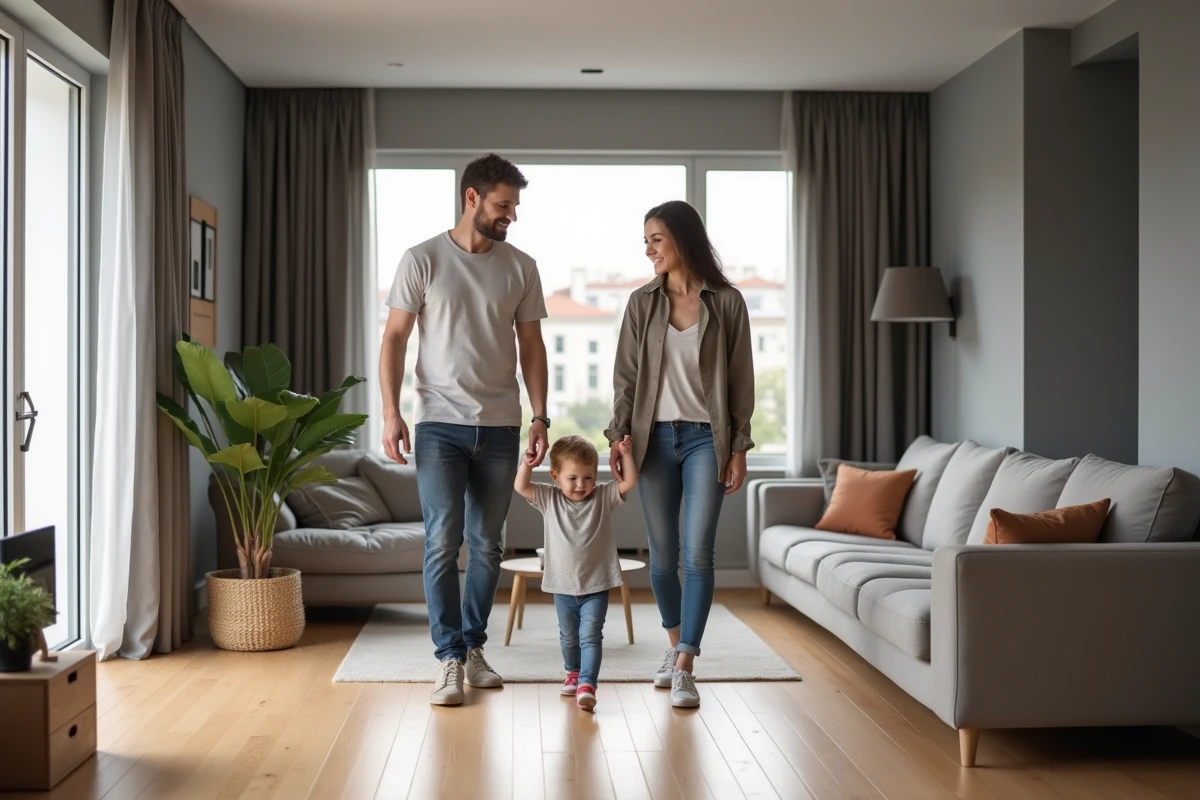 Famille visitant un appartement T3 lumineux dans un salon moderne