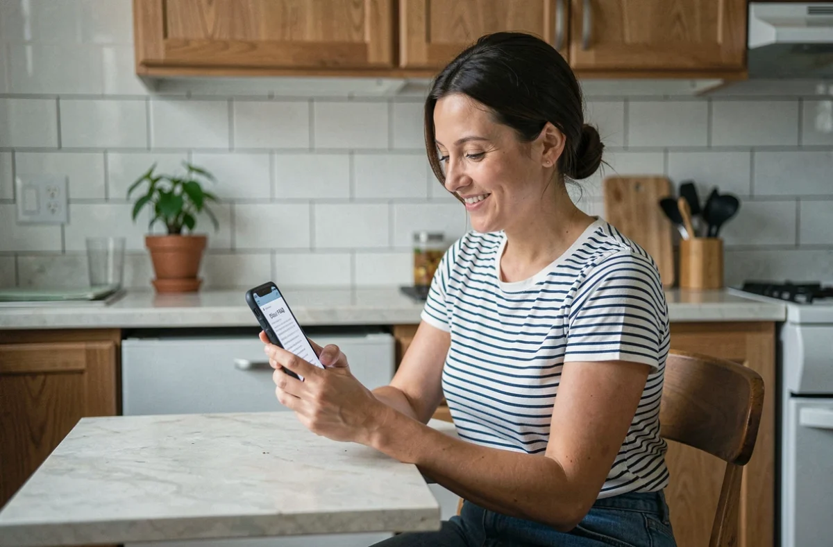 Femme consultant la FAQ du lab du bricoleur sur son smartphone dans une cuisine