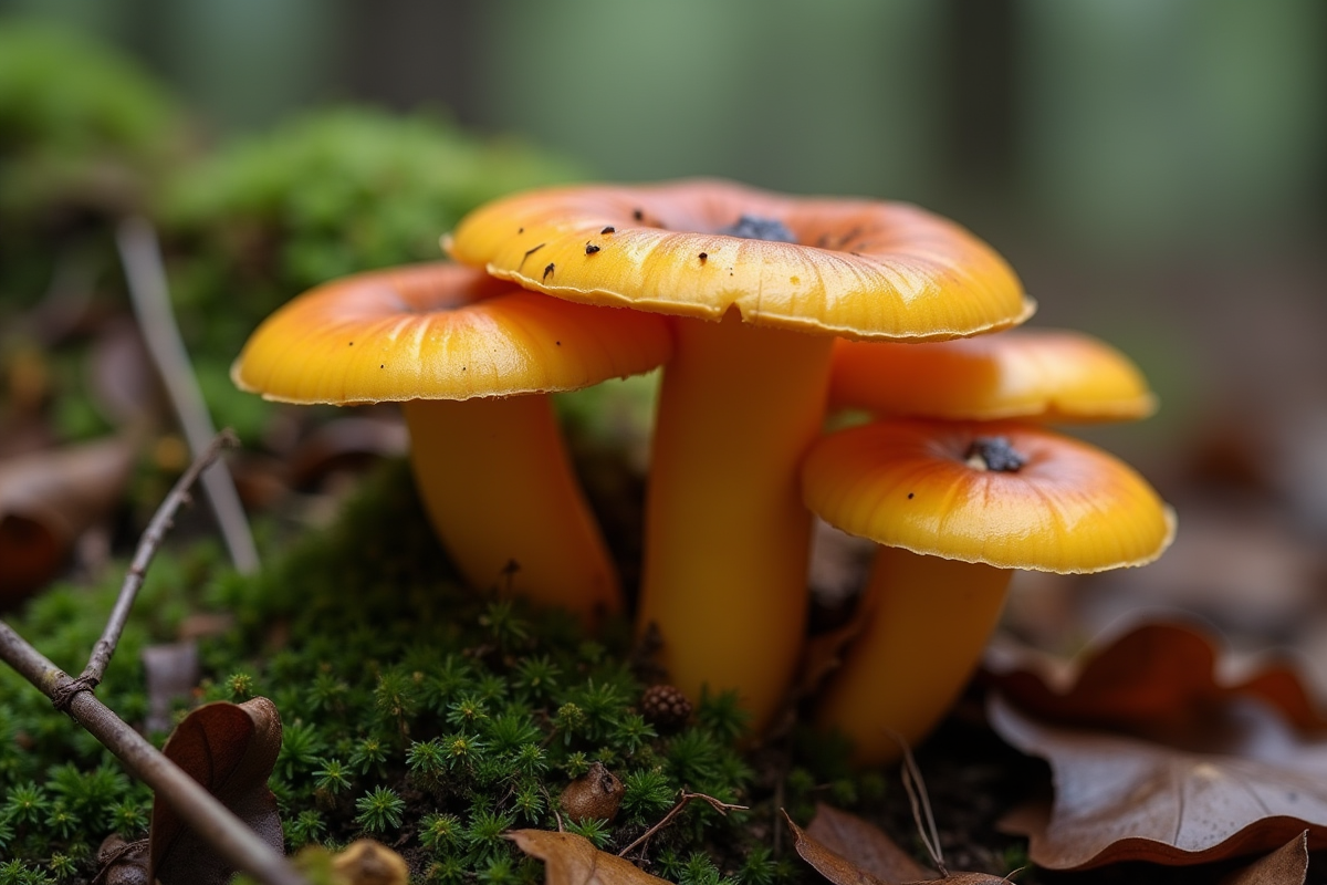 Groupe de fausses chanterelles sur sol humide en forêt