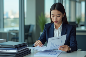 Jeune femme d'affaires en réunion avec rapport financier
