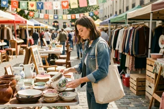 Femme parcourant les articles d'une braderie en plein air avec des objets vintage sur une table, ambiance marché de quartier animé