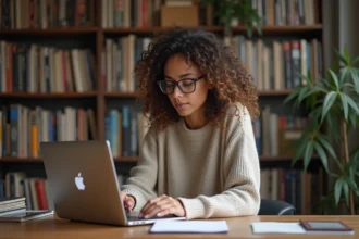 Femme concentrée prenant des notes dans un bureau éclectique