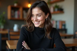 Portrait d'une femme dans un café cosy avec sourire doux