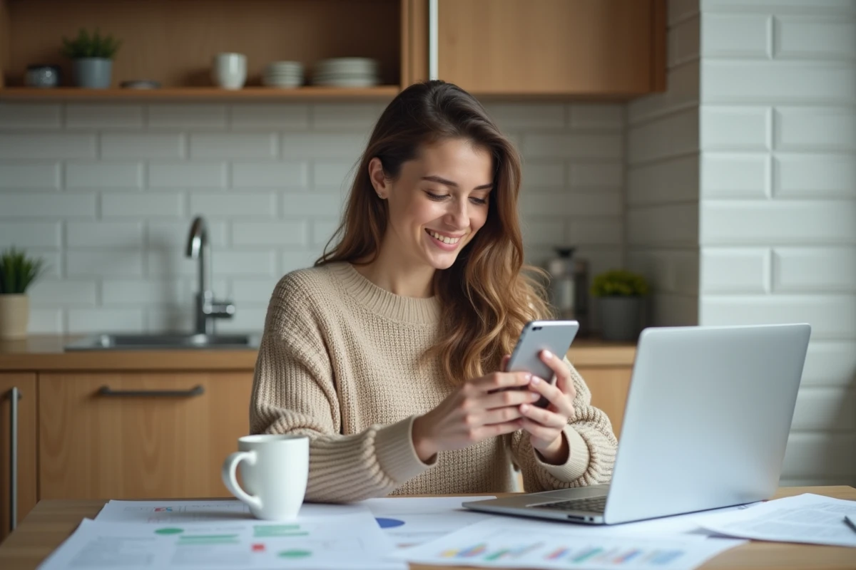 Jeune femme vérifiant son téléphone à la maison