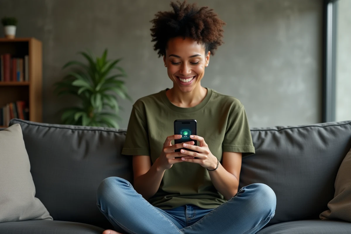 Femme consultant les récompenses gratuites de Code Ninja Time sur son smartphone dans un salon moderne