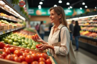 Femme faisant ses courses dans le rayon fruits et légumes d'un supermarché discount, examinant des tomates locales fraîches