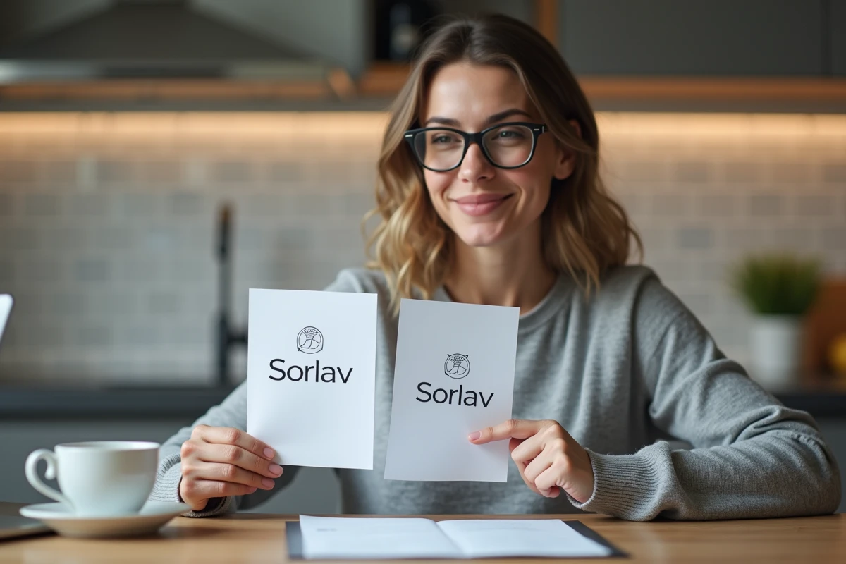 Femme compare deux documents Sorlav à la maison avec sourire