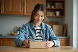 Jeune femme emballant un colis à la maison pour l'expedition